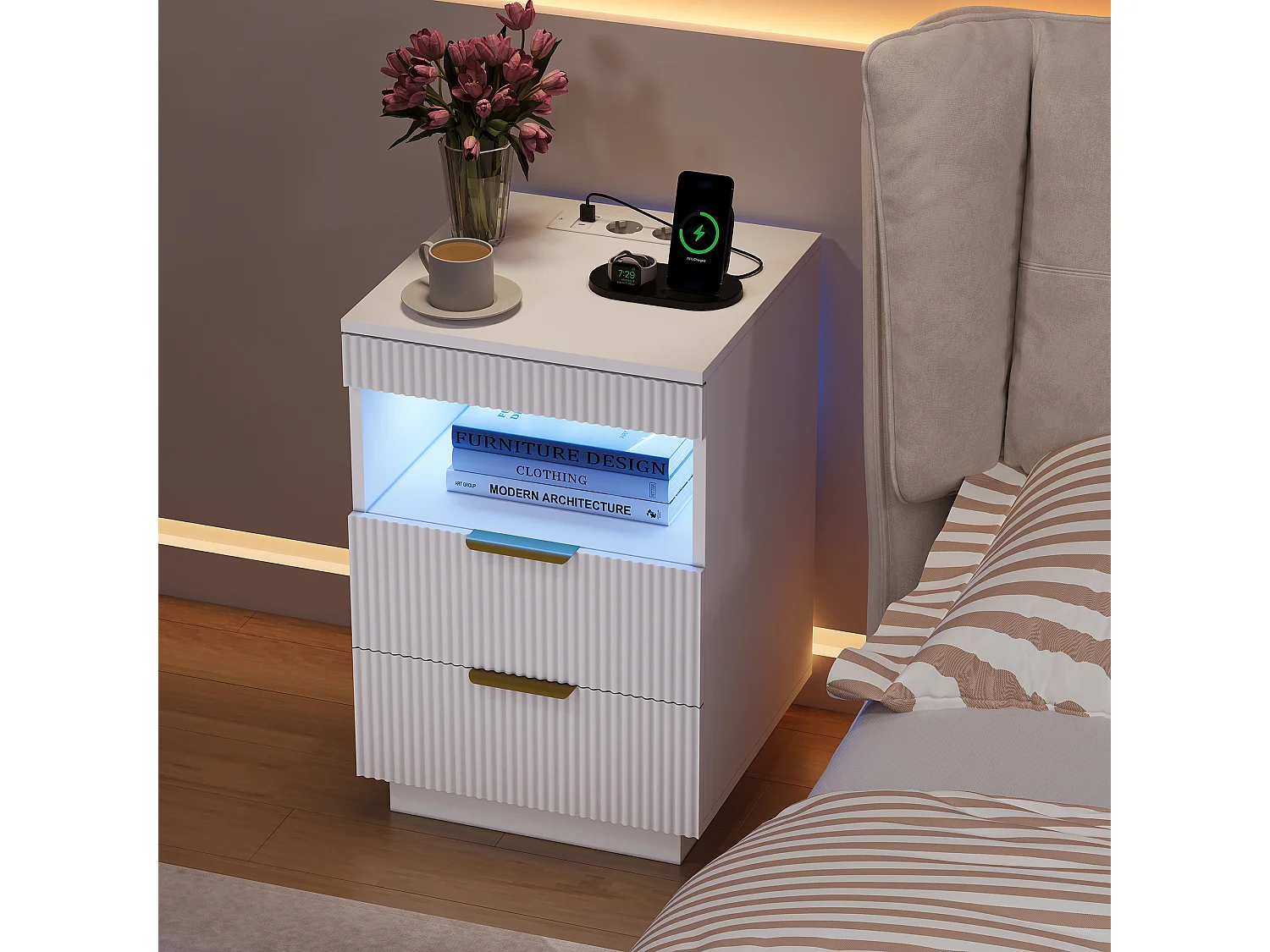 Comodino con illuminazione a LED - Stazione di ricarica e vassoio scorrevole - 2 prese, USB-C - Ampio vano portaoggetti - 40x40x60 cm - Bianco