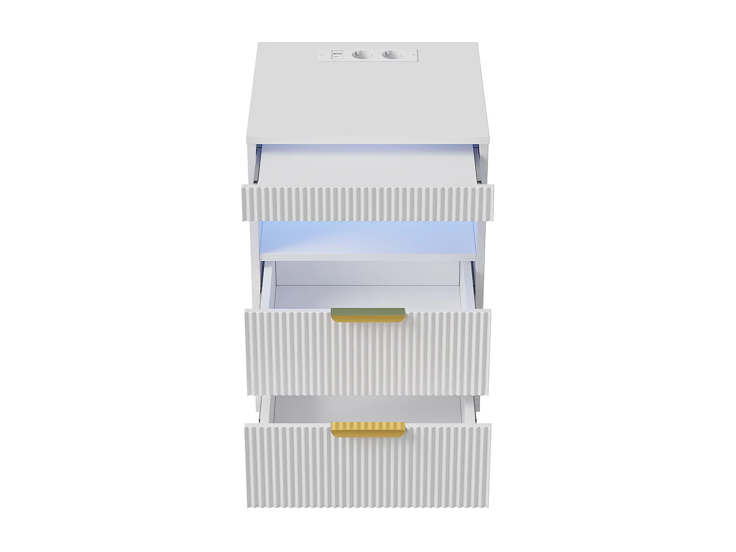 Comodino con illuminazione a LED - Stazione di ricarica e vassoio scorrevole - 2 prese, USB-C - Ampio vano portaoggetti - 40x40x60 cm - Bianco