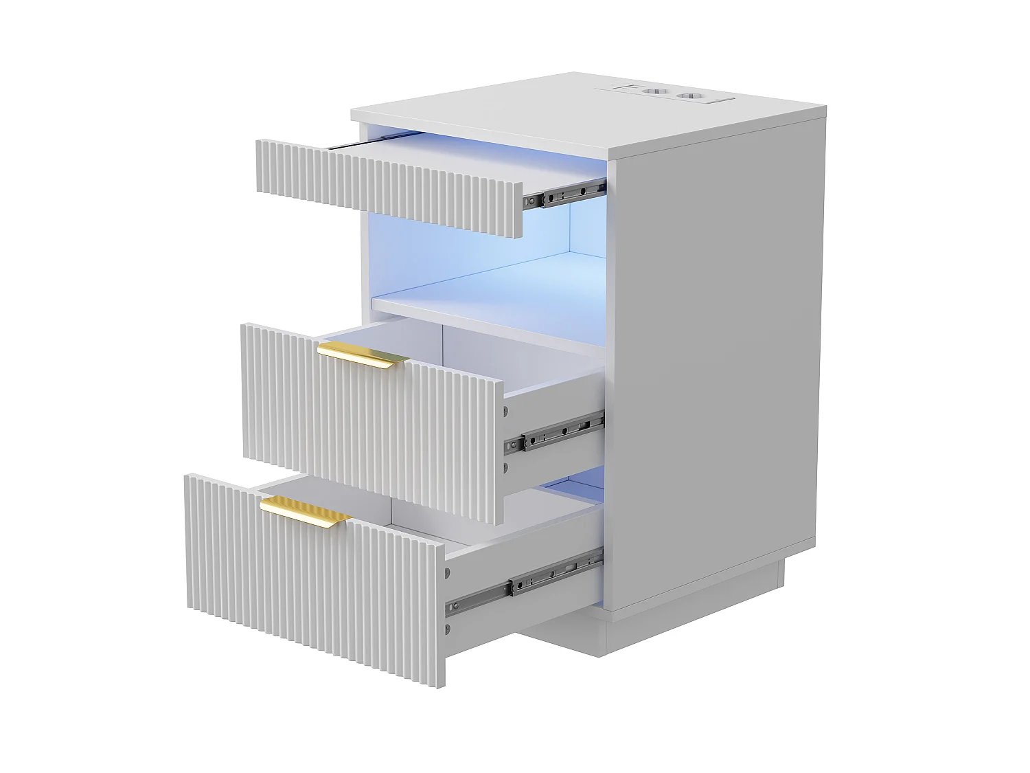 Comodino con illuminazione a LED - Stazione di ricarica e vassoio scorrevole - 2 prese, USB-C - Ampio vano portaoggetti - 40x40x60 cm - Bianco