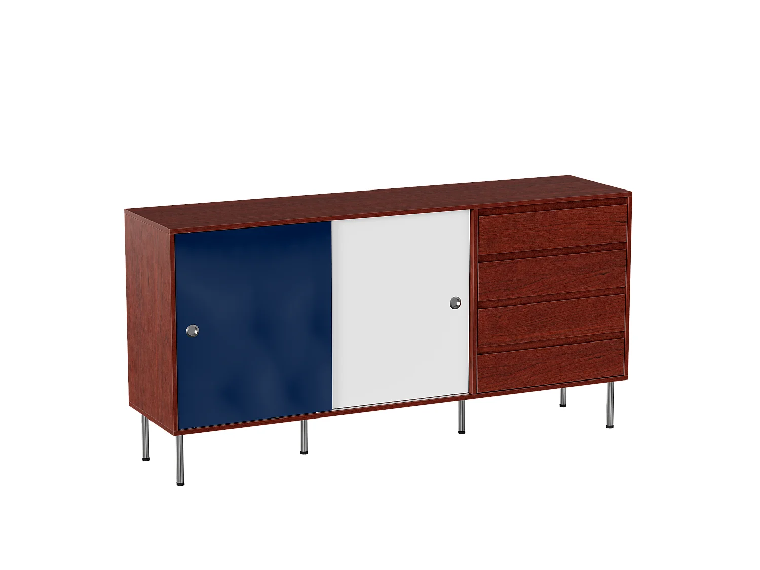 Buffet moderne avec 2 portes coulissantes et 4 tiroirs, pieds surélevés en métal, 160x40x80, Blanc, Bleu et Marron