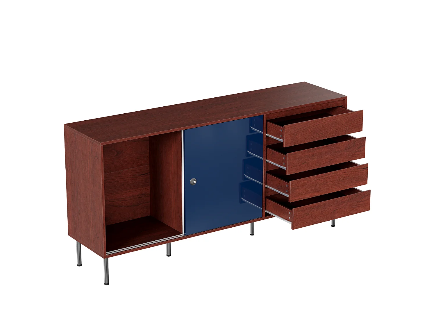 Buffet moderne avec 2 portes coulissantes et 4 tiroirs, pieds surélevés en métal, 160x40x80, Blanc, Bleu et Marron