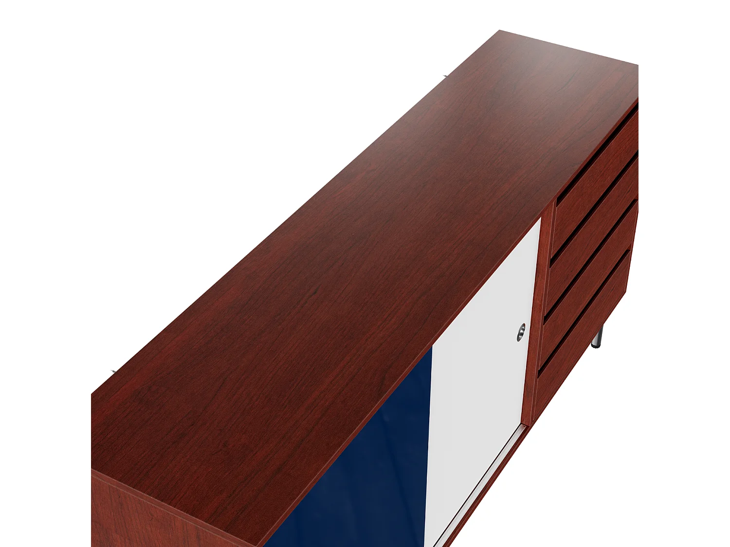Buffet moderne avec 2 portes coulissantes et 4 tiroirs, pieds surélevés en métal, 160x40x80, Blanc, Bleu et Marron