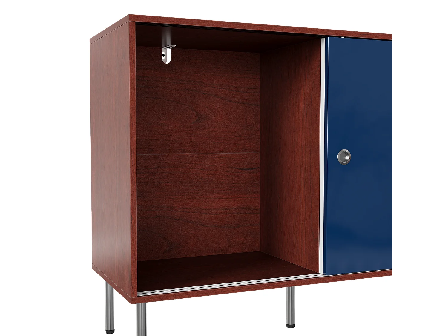 Buffet moderne avec 2 portes coulissantes et 4 tiroirs, pieds surélevés en métal, 160x40x80, Blanc, Bleu et Marron