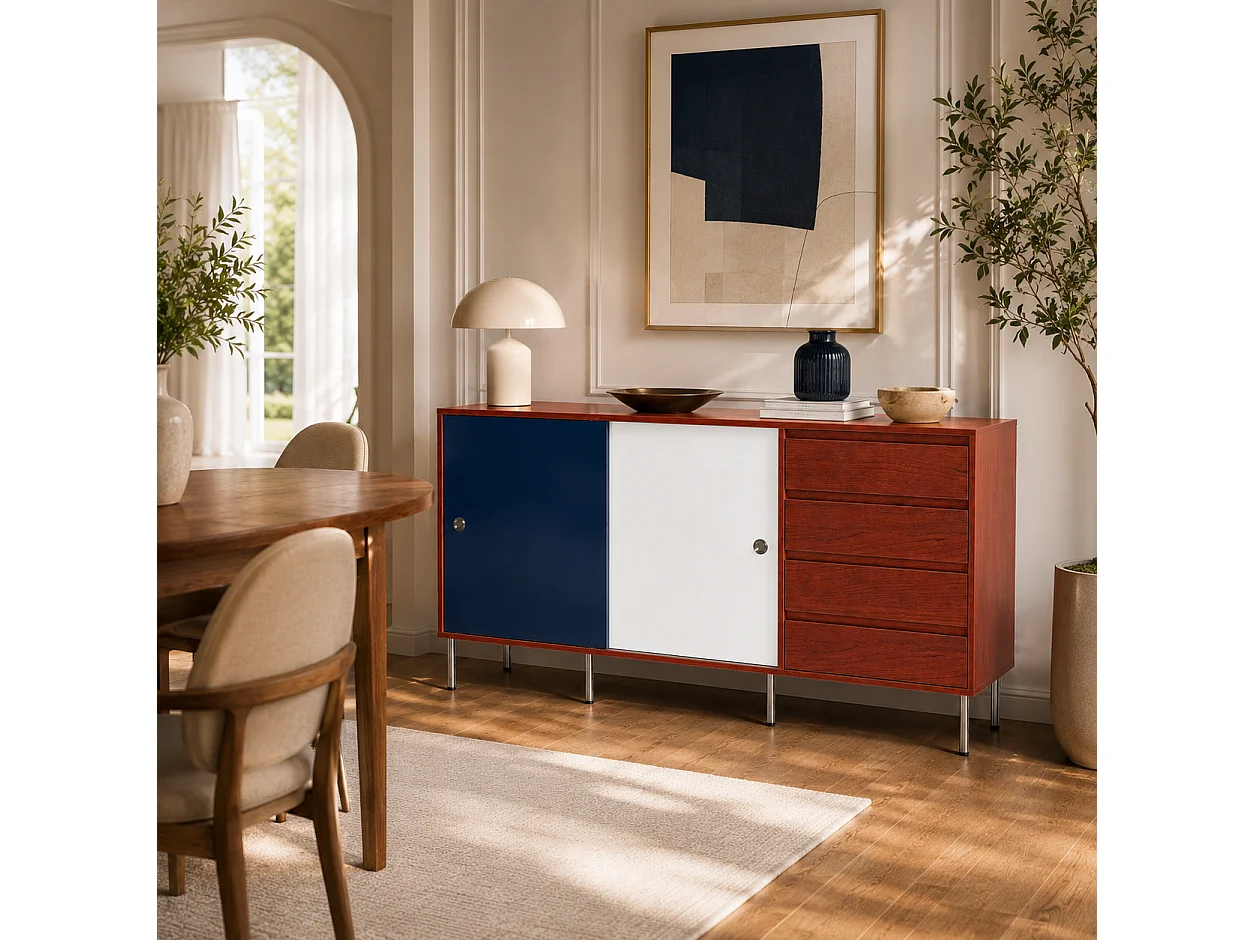 Buffet moderne avec 2 portes coulissantes et 4 tiroirs, pieds surélevés en métal, 160x40x80, Blanc, Bleu et Marron
