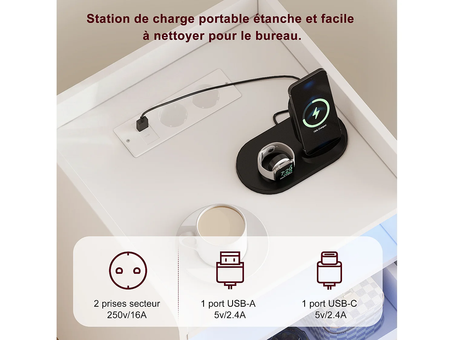 Table de Chevet Moderne avec LED -2 Prises/USB-C et Tiroir Caché - Poignées Dorées - pour Chambre Salon - Blanc