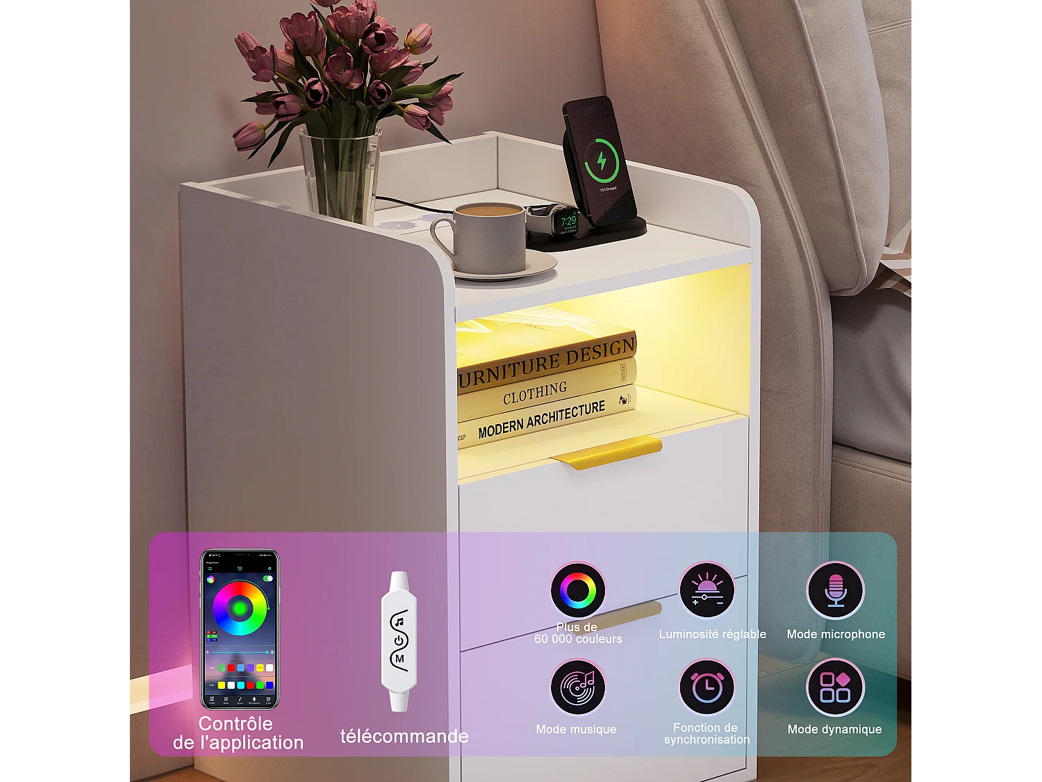 Table de Chevet Moderne avec LED -2 Prises/USB-C et Tiroir Caché - Poignées Dorées - pour Chambre Salon - Blanc