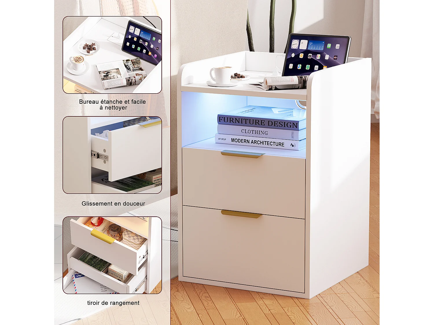Table de Chevet Moderne avec LED -2 Prises/USB-C et Tiroir Caché - Poignées Dorées - pour Chambre Salon - Blanc