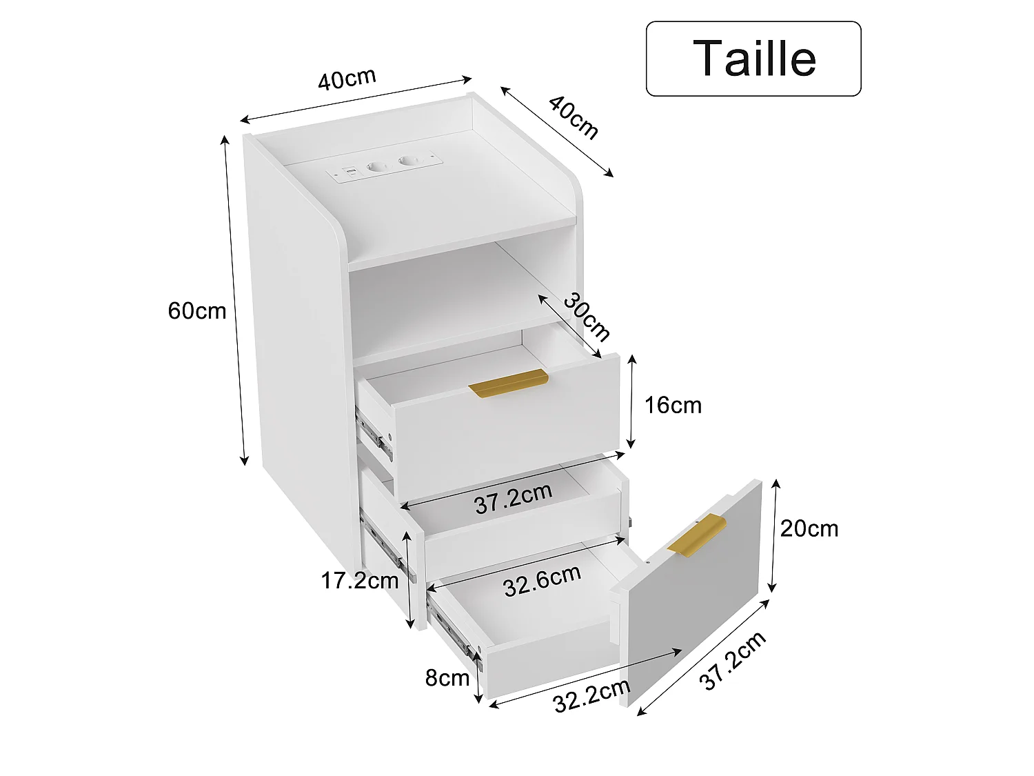 Table de Chevet Moderne avec LED -2 Prises/USB-C et Tiroir Caché - Poignées Dorées - pour Chambre Salon - Blanc