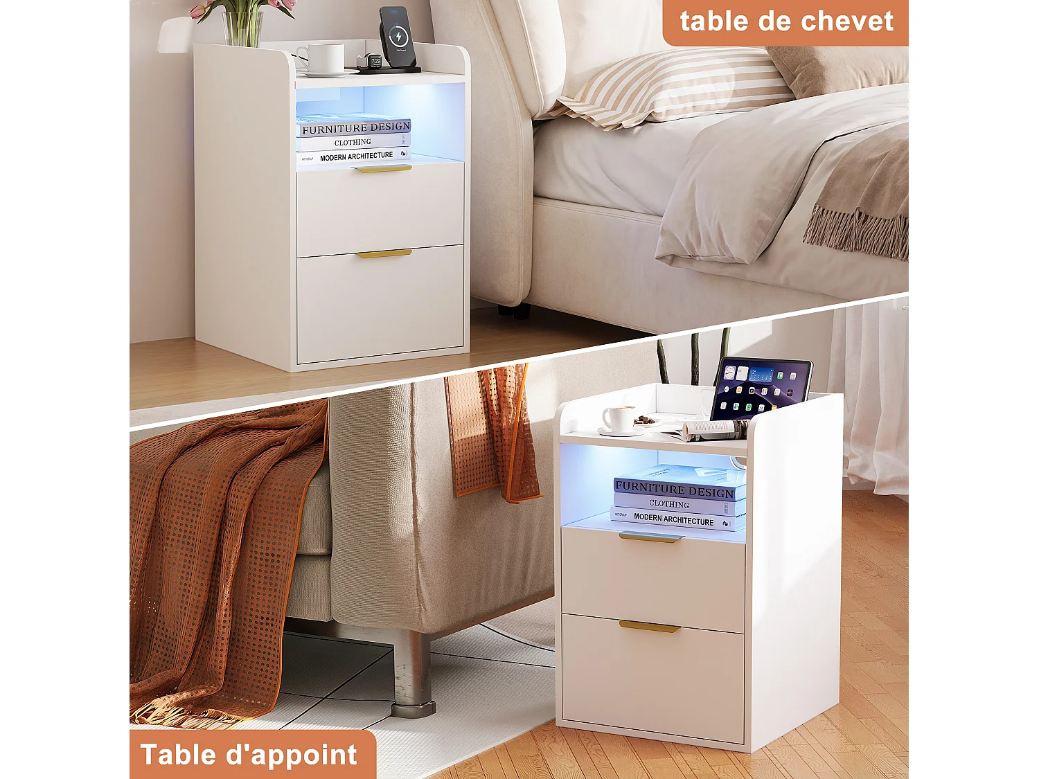 Table de Chevet Moderne avec LED -2 Prises/USB-C et Tiroir Caché - Poignées Dorées - pour Chambre Salon - Blanc