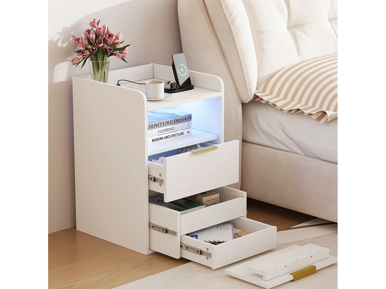 Table de Chevet Moderne avec LED -2 Prises/USB-C et Tiroir Caché - Poignées Dorées - pour Chambre Salon - Blanc