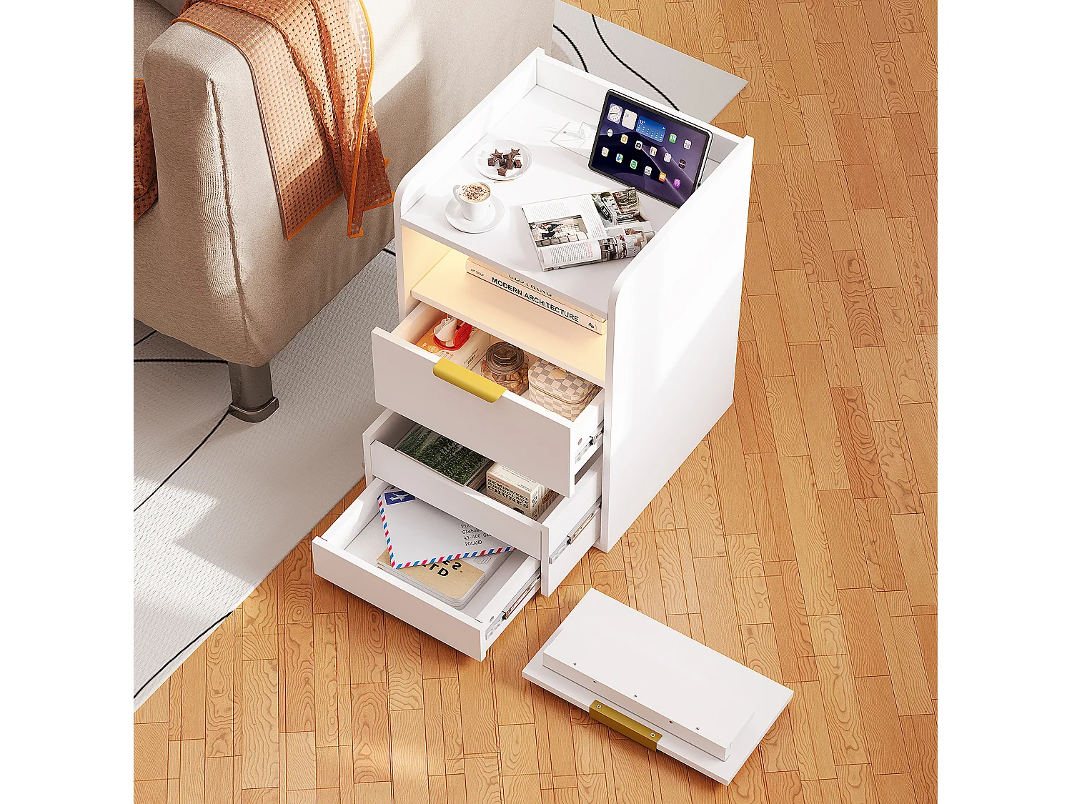 Table de Chevet Moderne avec LED -2 Prises/USB-C et Tiroir Caché - Poignées Dorées - pour Chambre Salon - Blanc