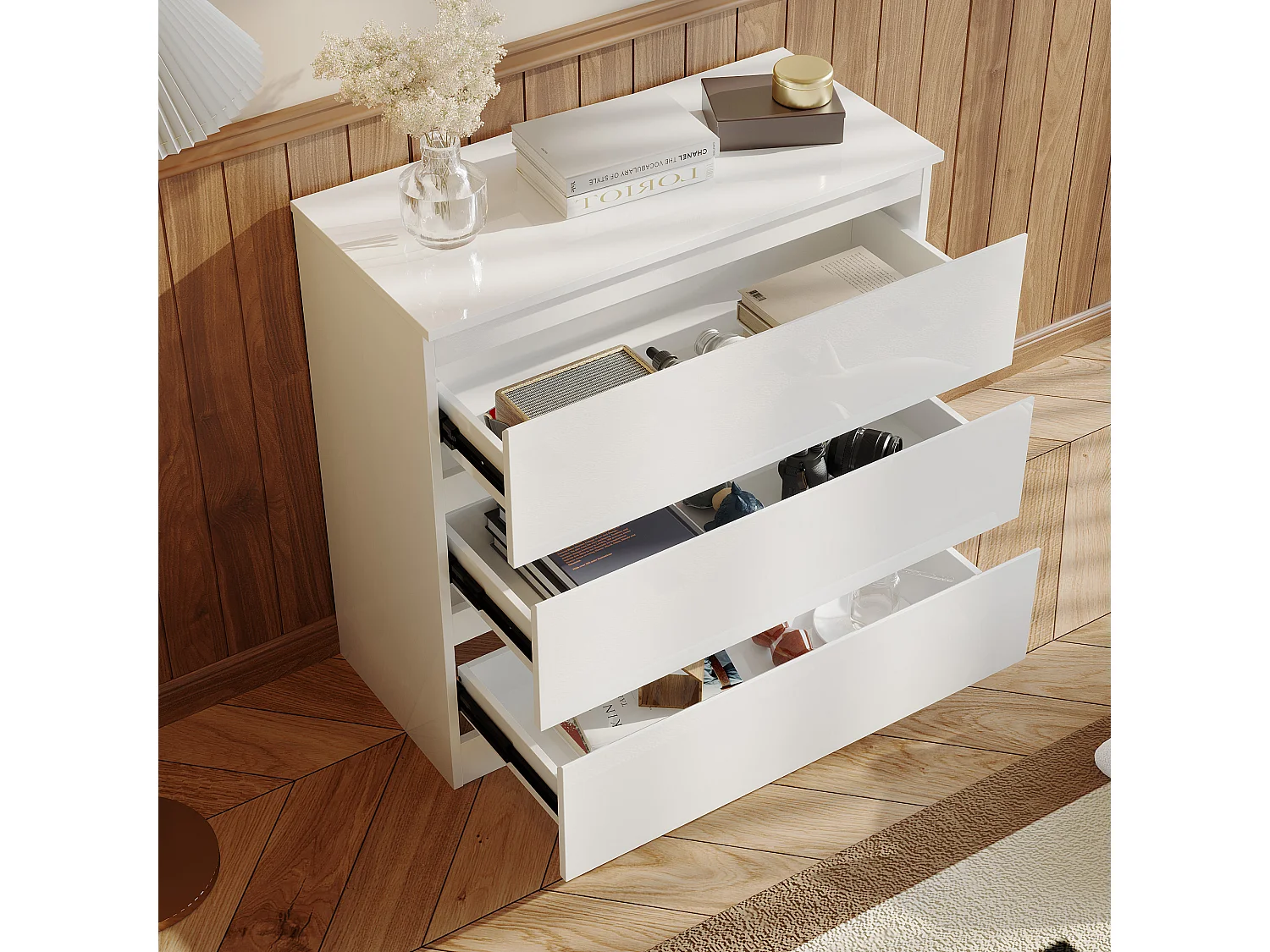 Commode avec 3 Tiroirs, Meuble de Rangement Laqué Blanc, Chambre et Salon, 78x36x77.5cm