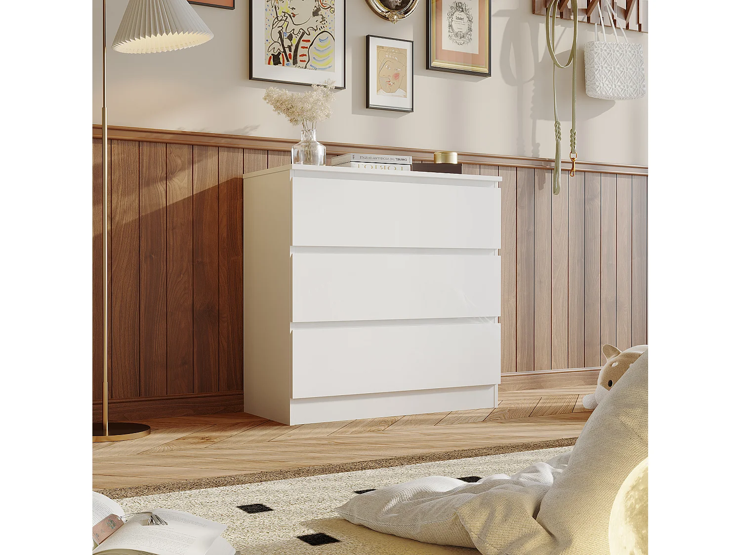 Commode avec 3 Tiroirs, Meuble de Rangement Laqué Blanc, Chambre et Salon, 78x36x77.5cm