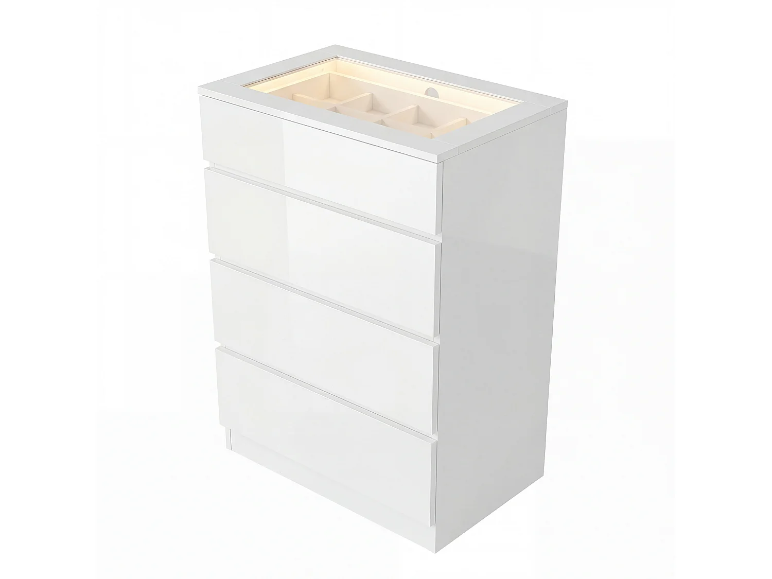 Commode 4 tiroirs avec Plateau en verre, Petit rangement Lumière LED intégrée, Chambre, 40x60x90, Blanc Brillant
