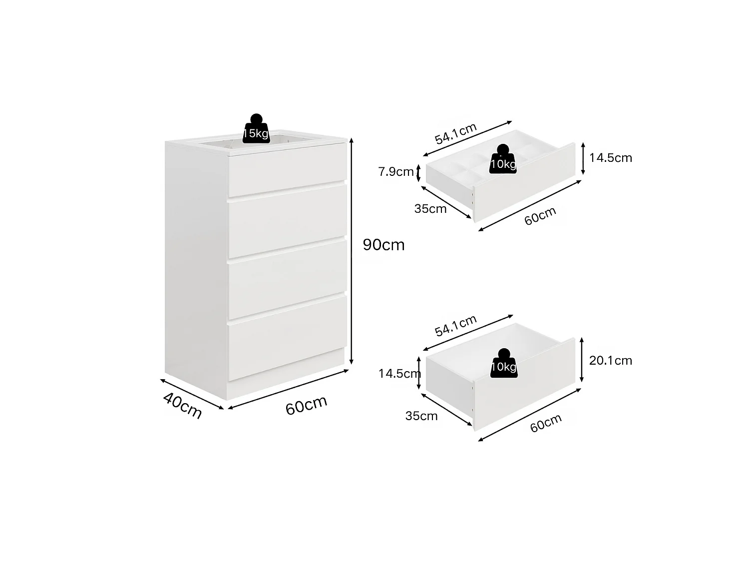 Commode 4 tiroirs avec Plateau en verre, Petit rangement Lumière LED intégrée, Chambre, 40x60x90, Blanc Brillant
