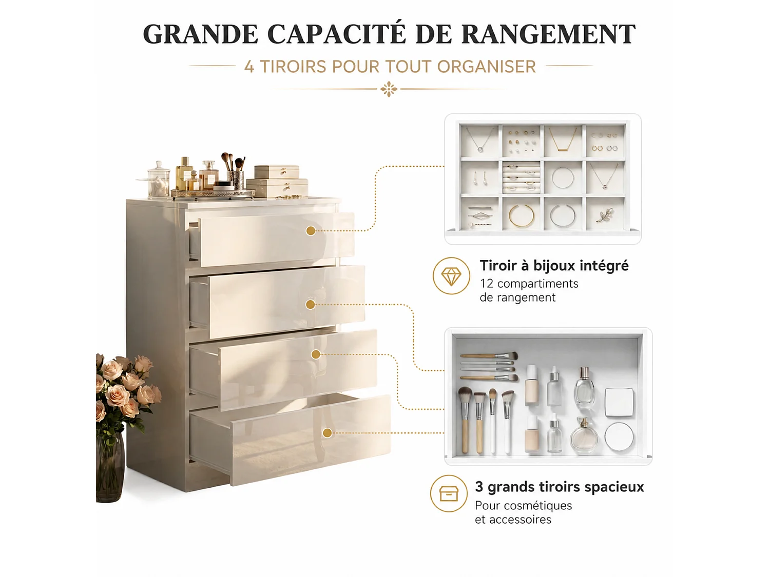 Commode 4 tiroirs avec Plateau en verre, Petit rangement Lumière LED intégrée, Chambre, 40x60x90, Blanc Brillant