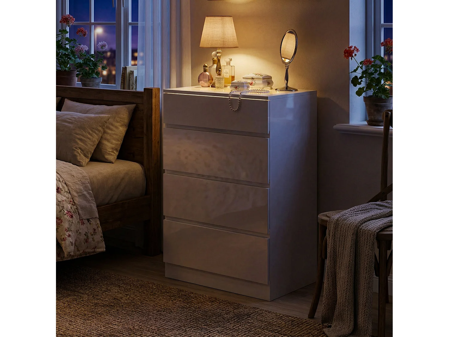 Commode 4 tiroirs avec Plateau en verre, Petit rangement Lumière LED intégrée, Chambre, 40x60x90, Blanc Brillant