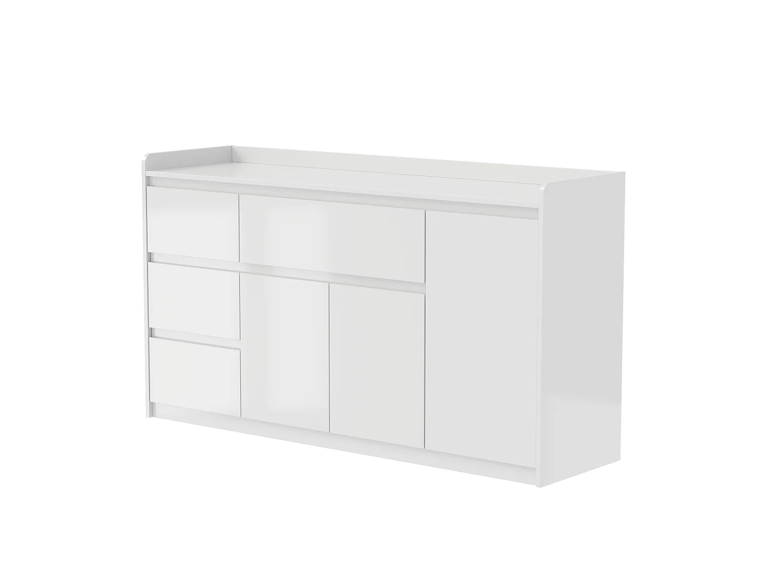Buffet Blanc brillant avec 4 tiroirs et 3 portes, Buffet moderne sans poignée avec étagères réglables, 143x40x80, Salon