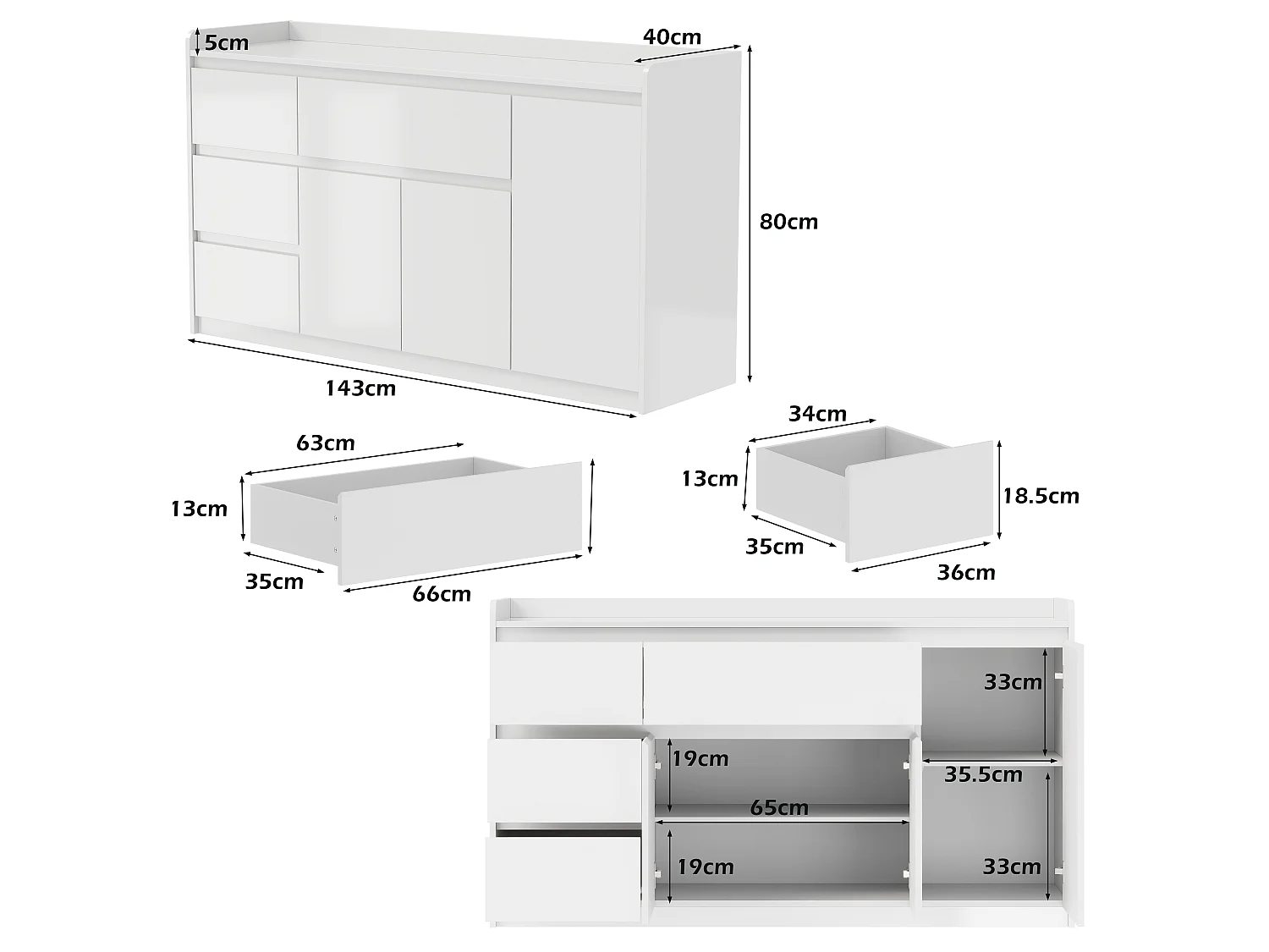Buffet Blanc brillant avec 4 tiroirs et 3 portes, Buffet moderne sans poignée avec étagères réglables, 143x40x80, Salon