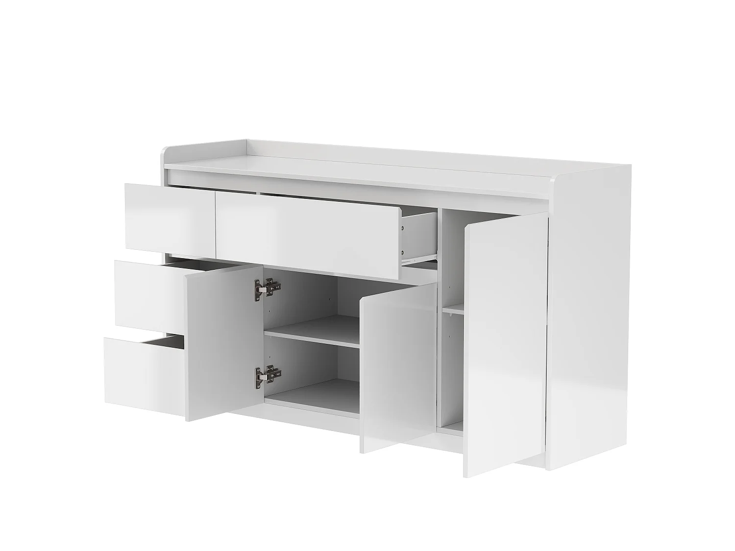Buffet Blanc brillant avec 4 tiroirs et 3 portes, Buffet moderne sans poignée avec étagères réglables, 143x40x80, Salon