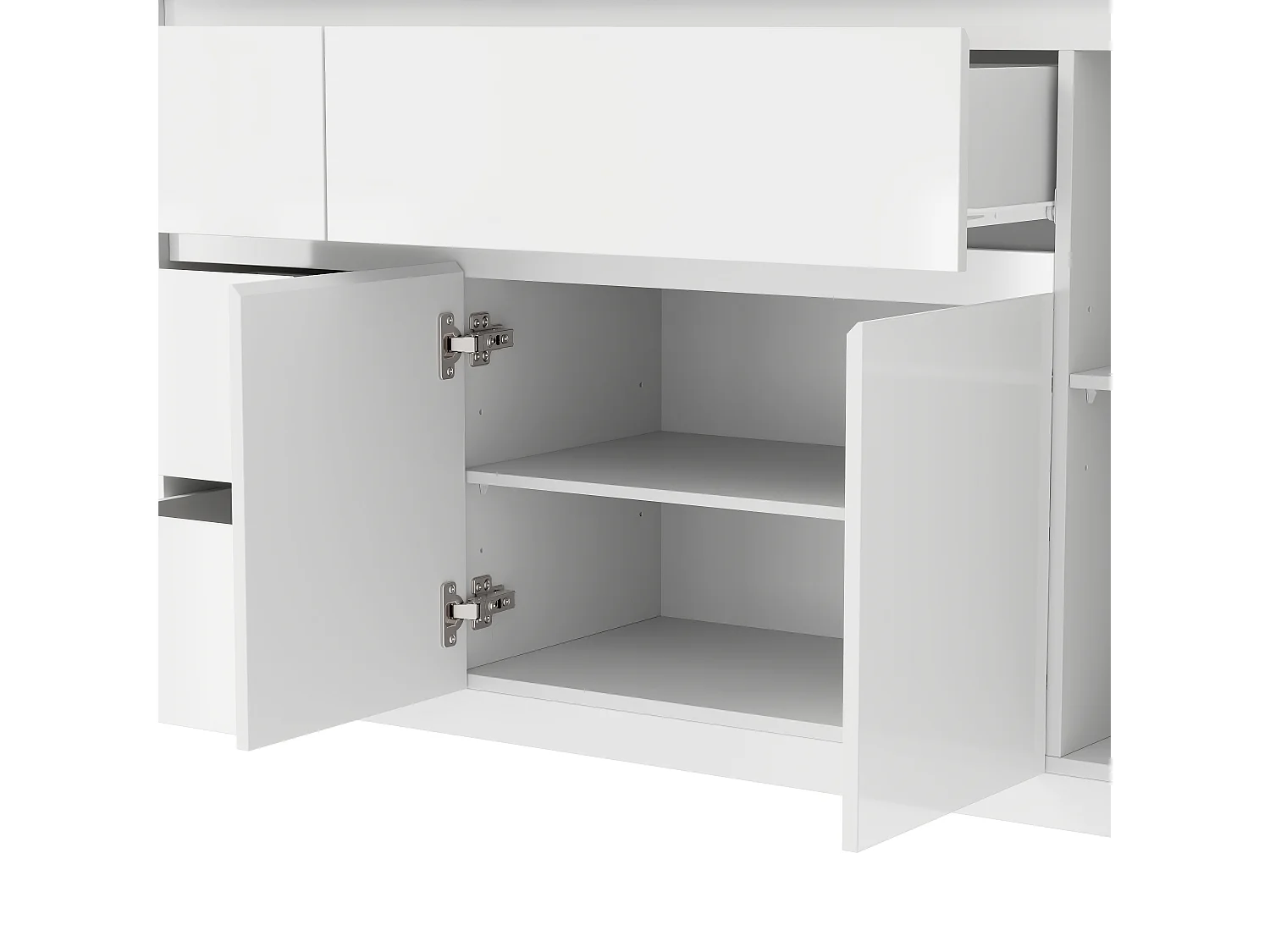 Buffet Blanc brillant avec 4 tiroirs et 3 portes, Buffet moderne sans poignée avec étagères réglables, 143x40x80, Salon