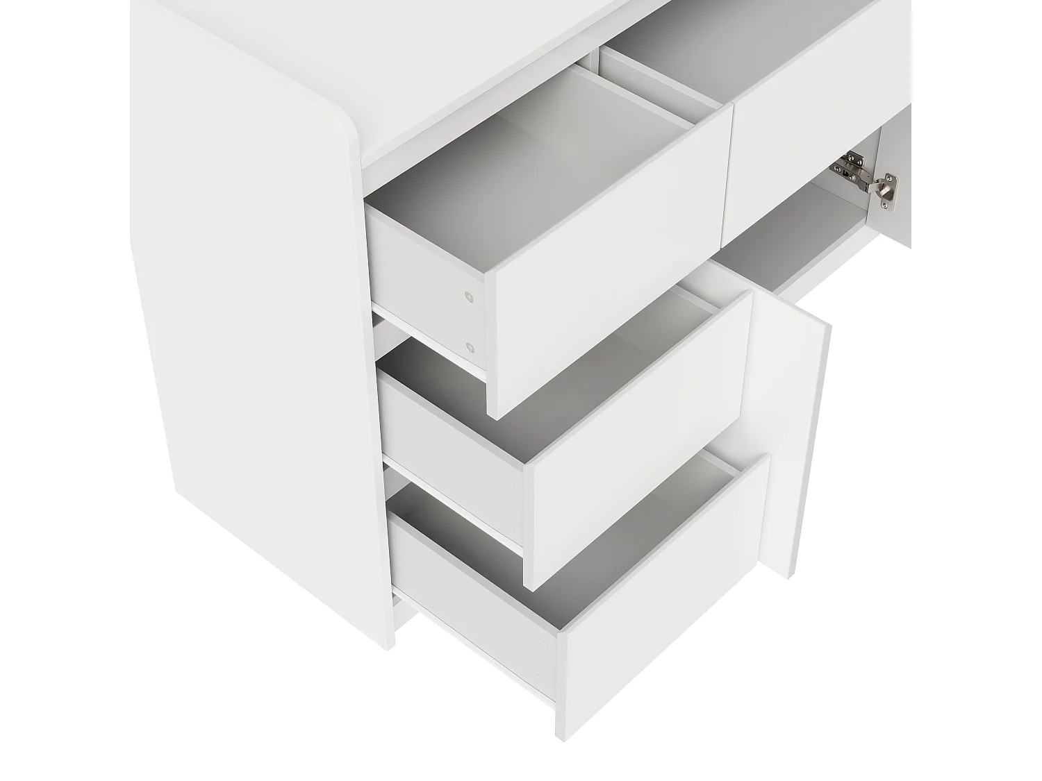 Buffet Blanc brillant avec 4 tiroirs et 3 portes, Buffet moderne sans poignée avec étagères réglables, 143x40x80, Salon