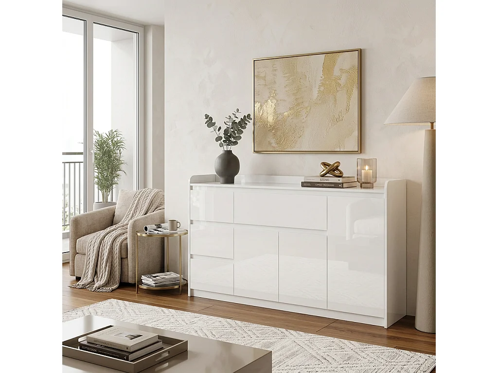 Buffet Blanc brillant avec 4 tiroirs et 3 portes, Buffet moderne sans poignée avec étagères réglables, 143x40x80, Salon