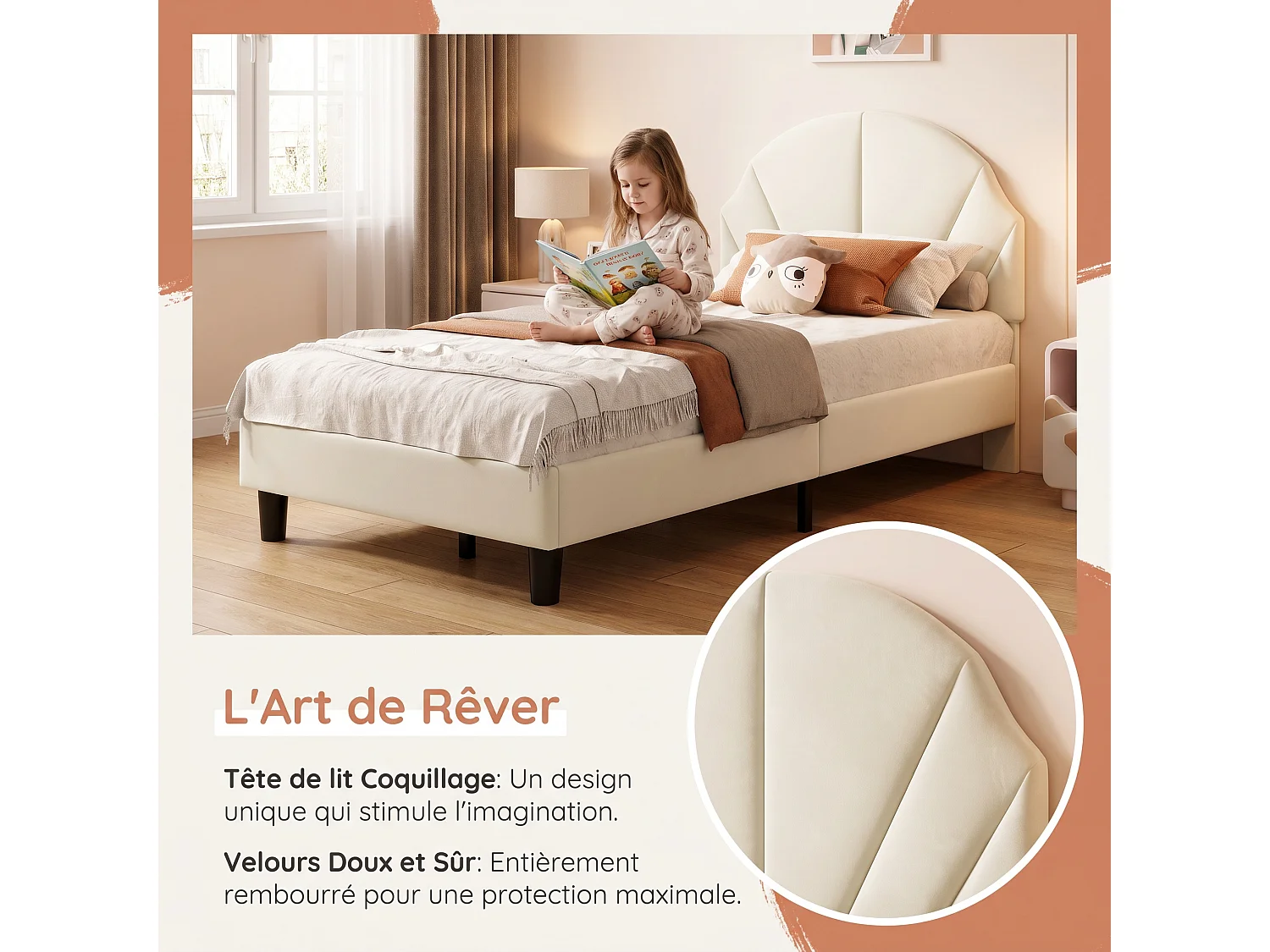 Lit 90x200cm pour fille,cadre de Lit  enfant avec tête de lit réglable et sommier à lattes bois,velours,lit 1 personnes,beige