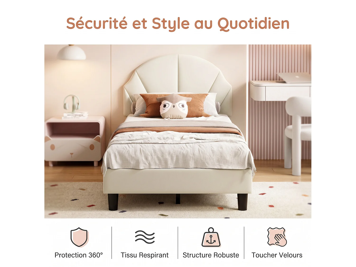 Lit 90x200cm pour fille,cadre de Lit  enfant avec tête de lit réglable et sommier à lattes bois,velours,lit 1 personnes,beige