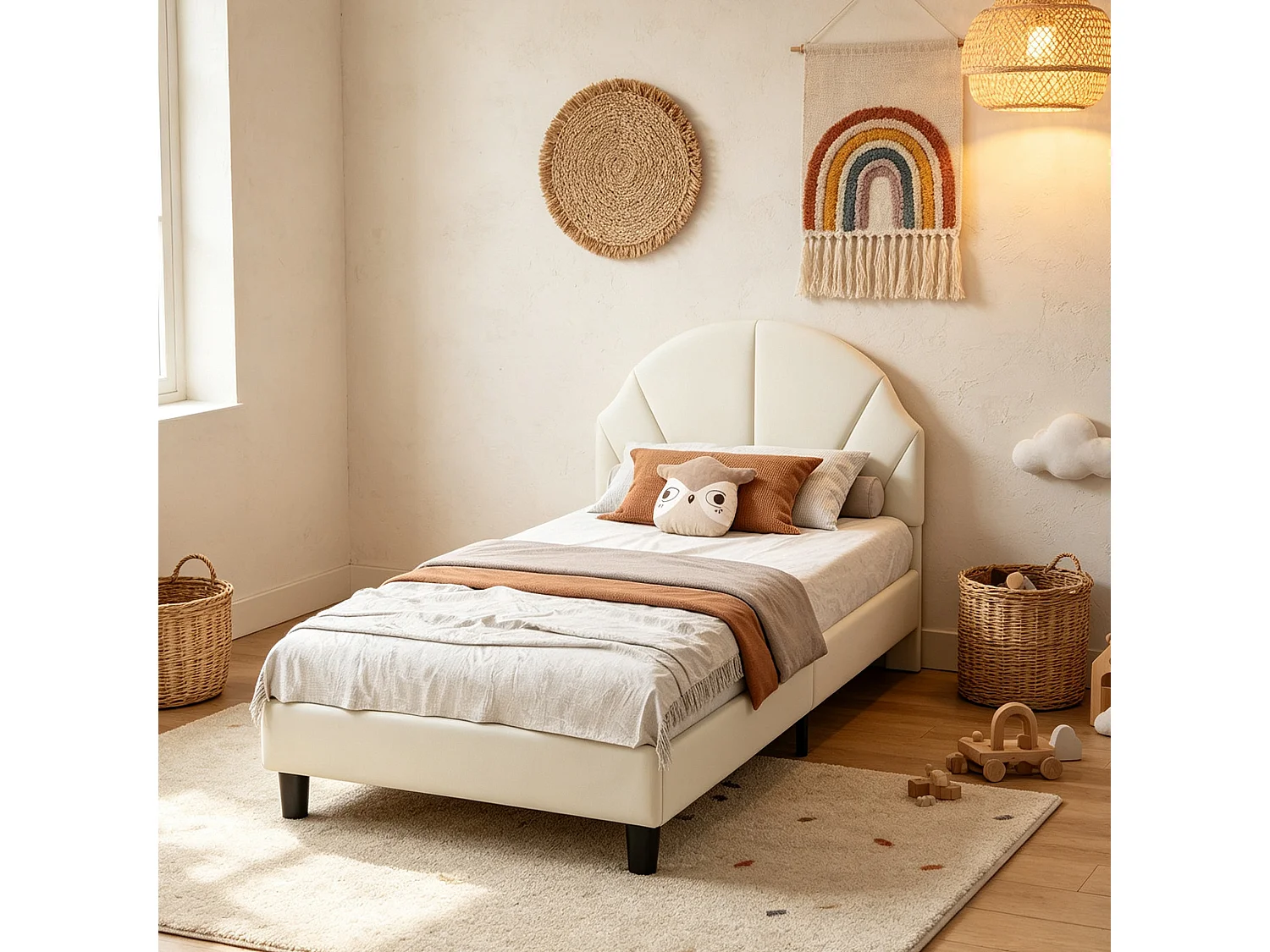 Lit 90x200cm pour fille,cadre de Lit  enfant avec tête de lit réglable et sommier à lattes bois,velours,lit 1 personnes,beige