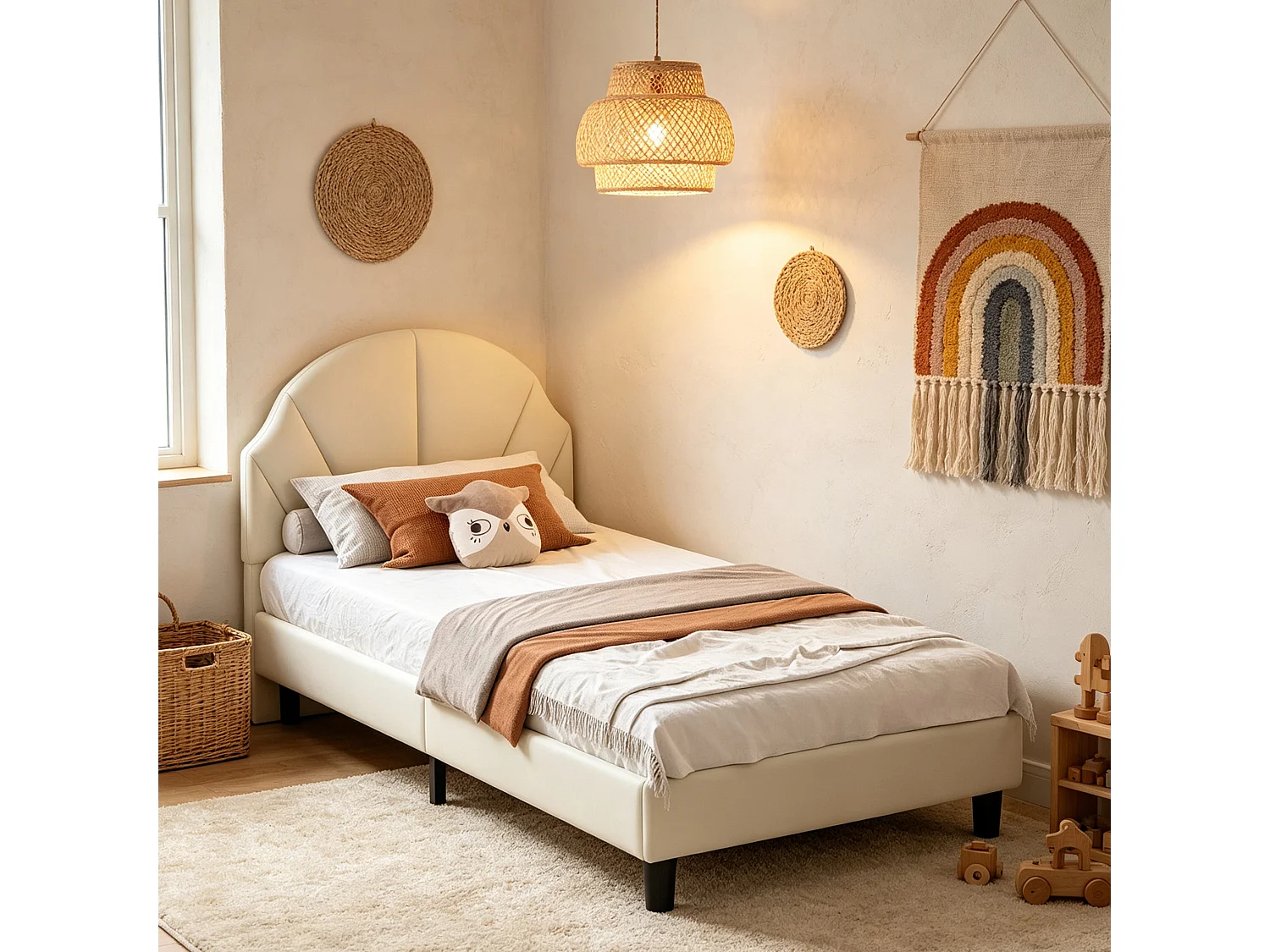 Lit 90x200cm pour fille,cadre de Lit  enfant avec tête de lit réglable et sommier à lattes bois,velours,lit 1 personnes,beige