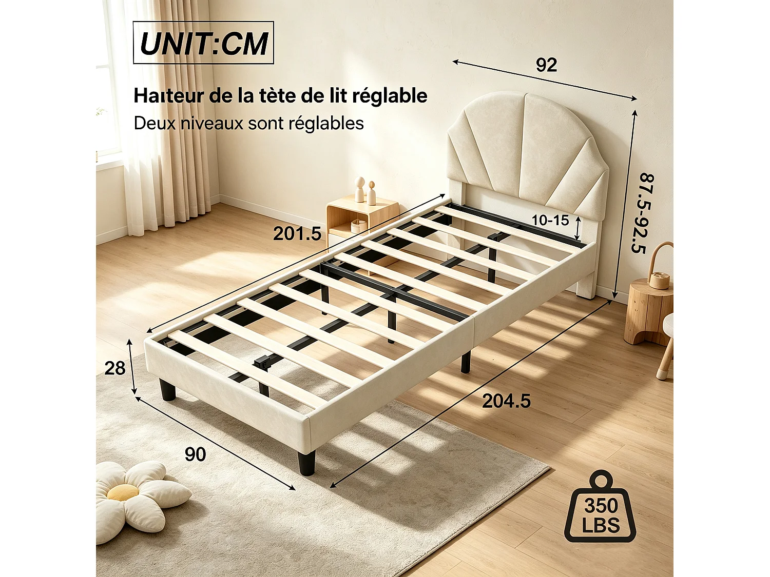 Lit 90x200cm pour fille,cadre de Lit  enfant avec tête de lit réglable et sommier à lattes bois,velours,lit 1 personnes,beige