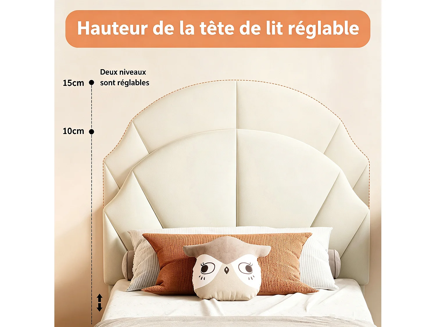 Lit 90x200cm pour fille,cadre de Lit  enfant avec tête de lit réglable et sommier à lattes bois,velours,lit 1 personnes,beige
