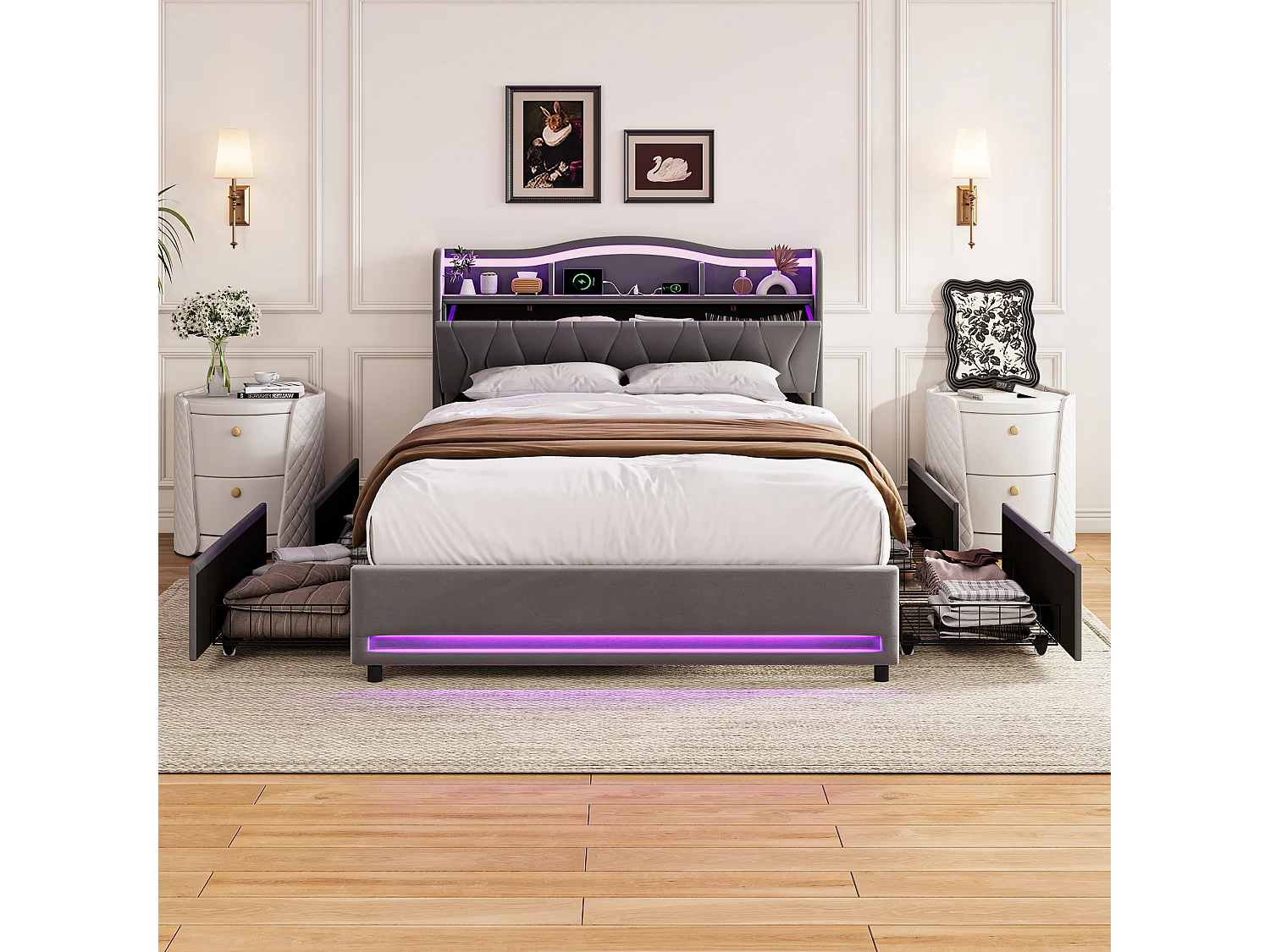 Lit adulte 160x200 LED RGB avec Recharge USB,Tête de Lit Rangement,Cadre de Lit double avec 4 Tiroirs,Tissu velours Gris