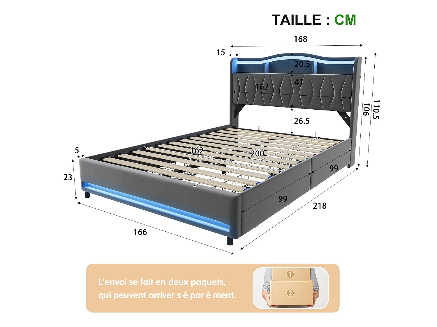 Lit adulte 160x200 LED RGB avec Recharge USB,Tête de Lit Rangement,Cadre de Lit double avec 4 Tiroirs,Tissu velours Gris