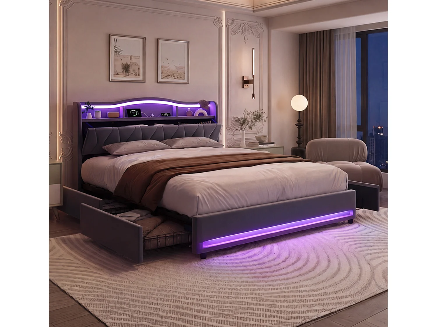 Lit adulte 160x200 LED RGB avec Recharge USB,Tête de Lit Rangement,Cadre de Lit double avec 4 Tiroirs,Tissu velours Gris