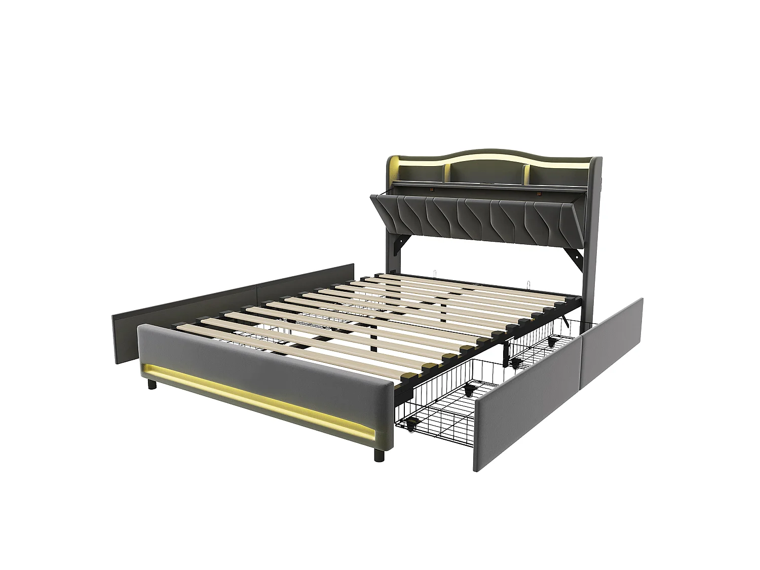 Lit adulte 160x200 LED RGB avec Recharge USB,Tête de Lit Rangement,Cadre de Lit double avec 4 Tiroirs,Tissu velours Gris
