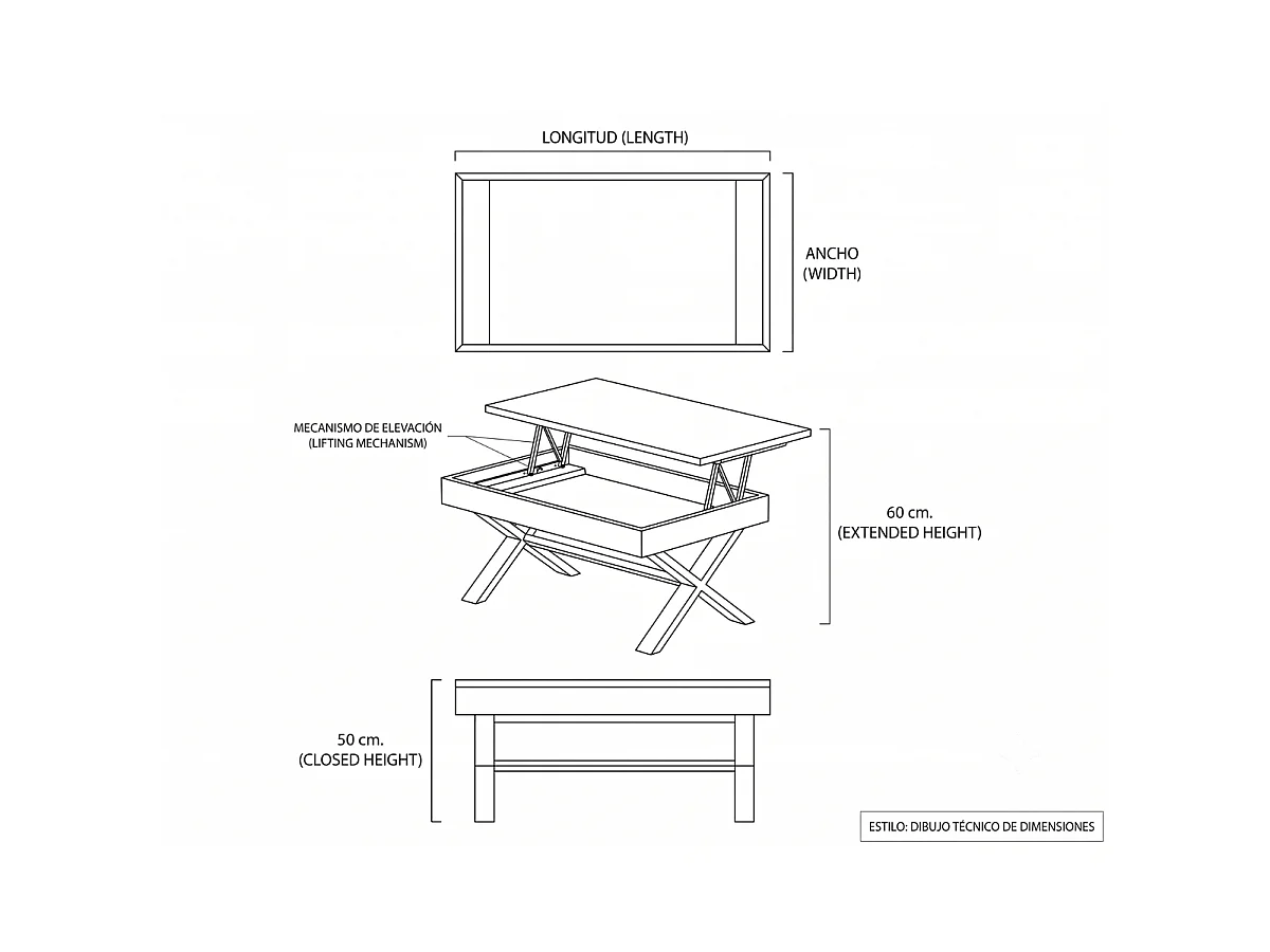 Tavolino da salotto elevabile in rovere naturale 110x60 cm