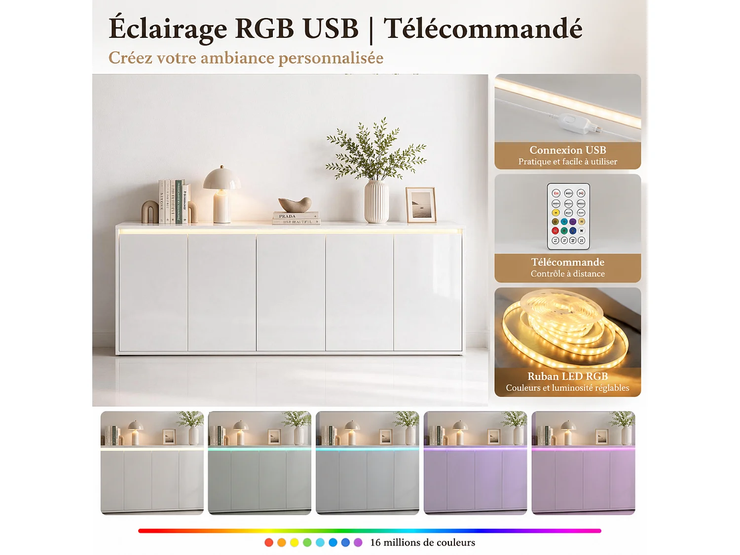 Buffet blanc brillant avec 5 portes et étagères, Éclairage LED réglable, 200x35x80, Salon et chambre