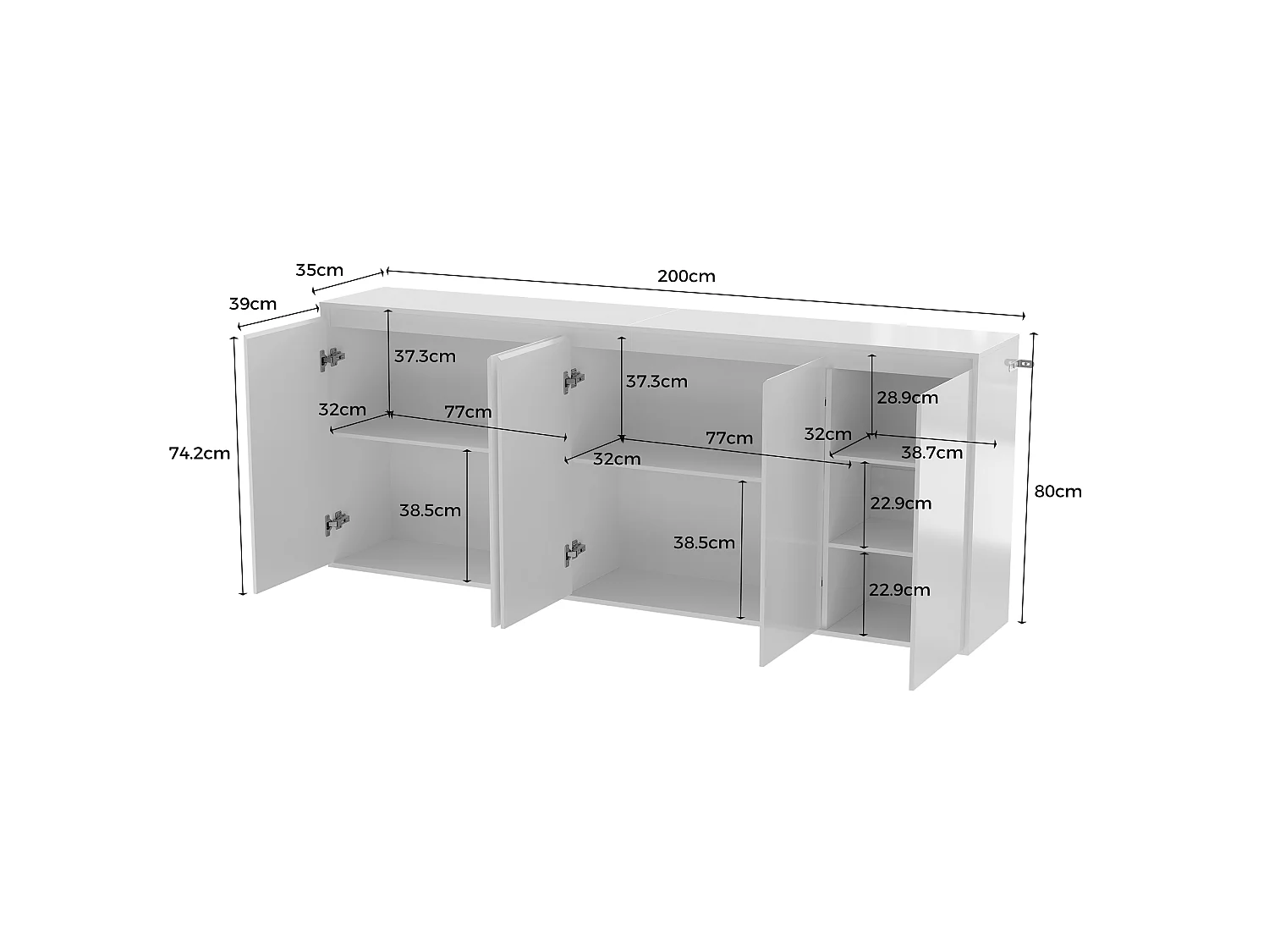 Buffet blanc brillant avec 5 portes et étagères, Éclairage LED réglable, 200x35x80, Salon et chambre