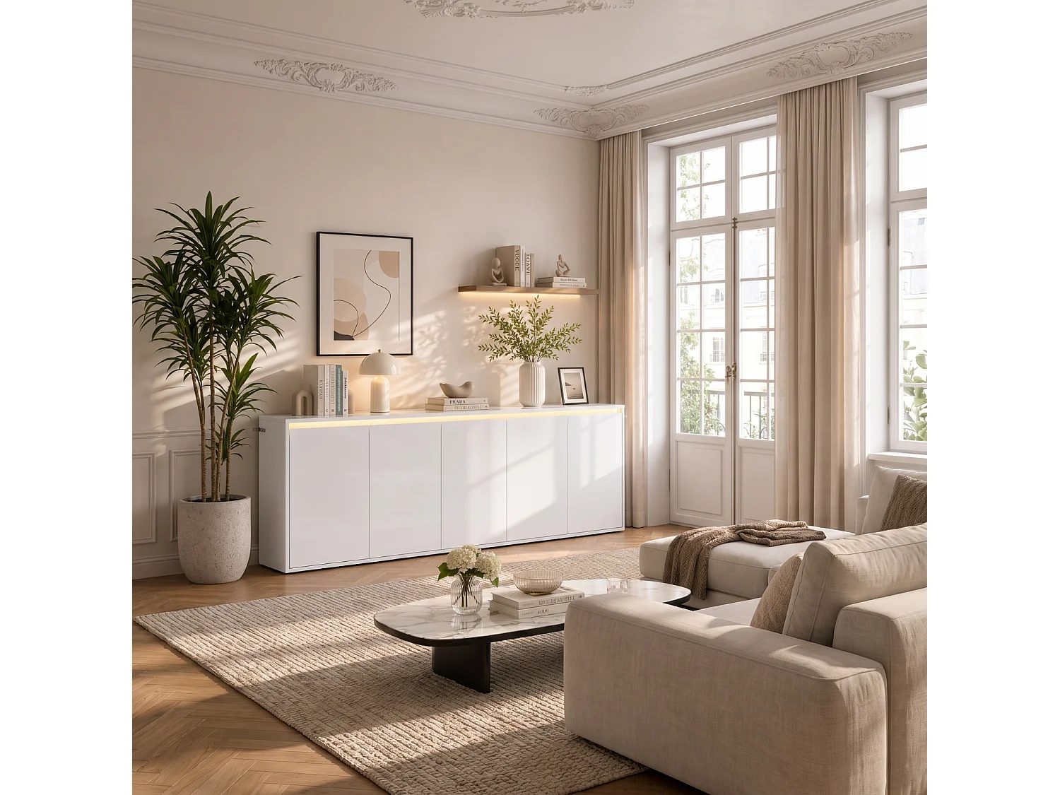 Buffet blanc brillant avec 5 portes et étagères, Éclairage LED réglable, 200x35x80, Salon et chambre