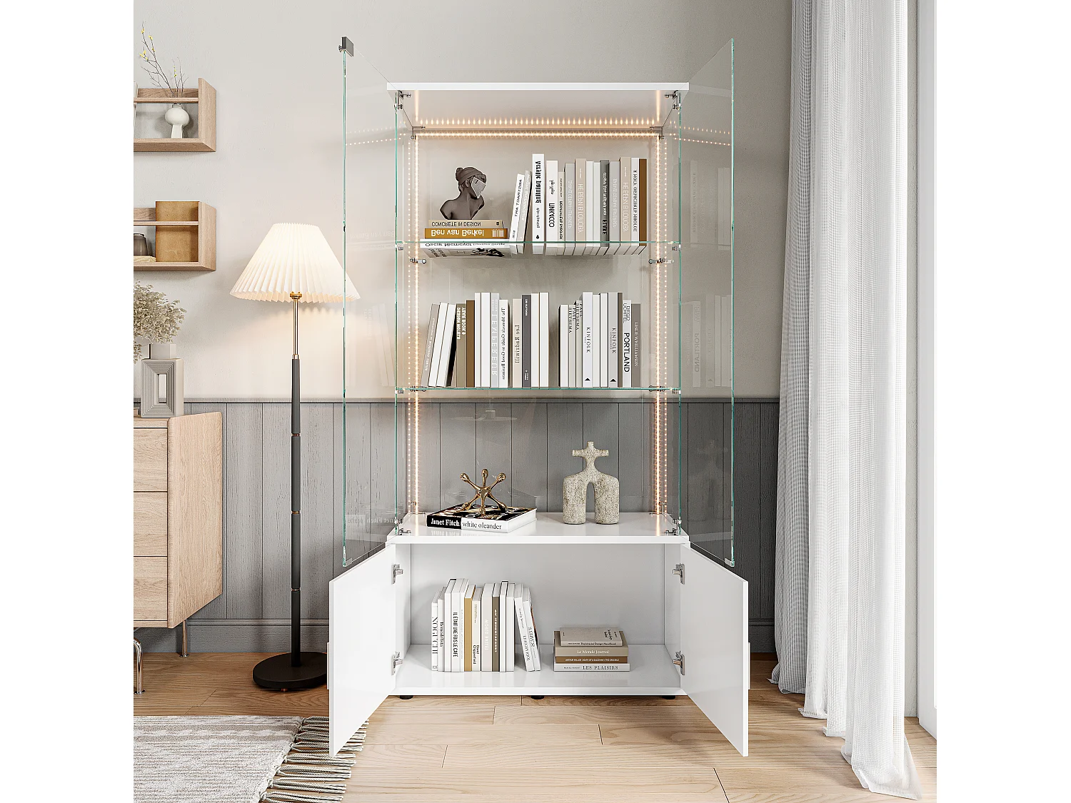 Vitrine en Verre avec bande lumineuse LED et Serrure,2 Portes en Verre Trempé, Rangement Sécurisé,vitrine salon bois blanc