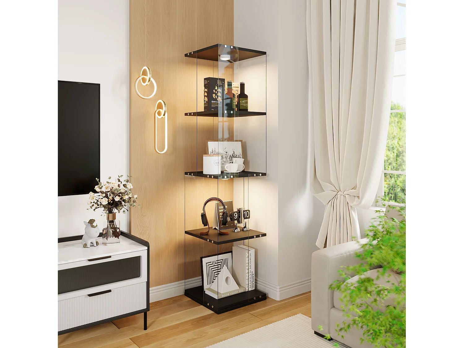 Vitrine en Verre avec LED et Socle Tournant 360° - Étagères Réglables - Sécurité Anti-Basculement - Rangement Polyvalent - Noir