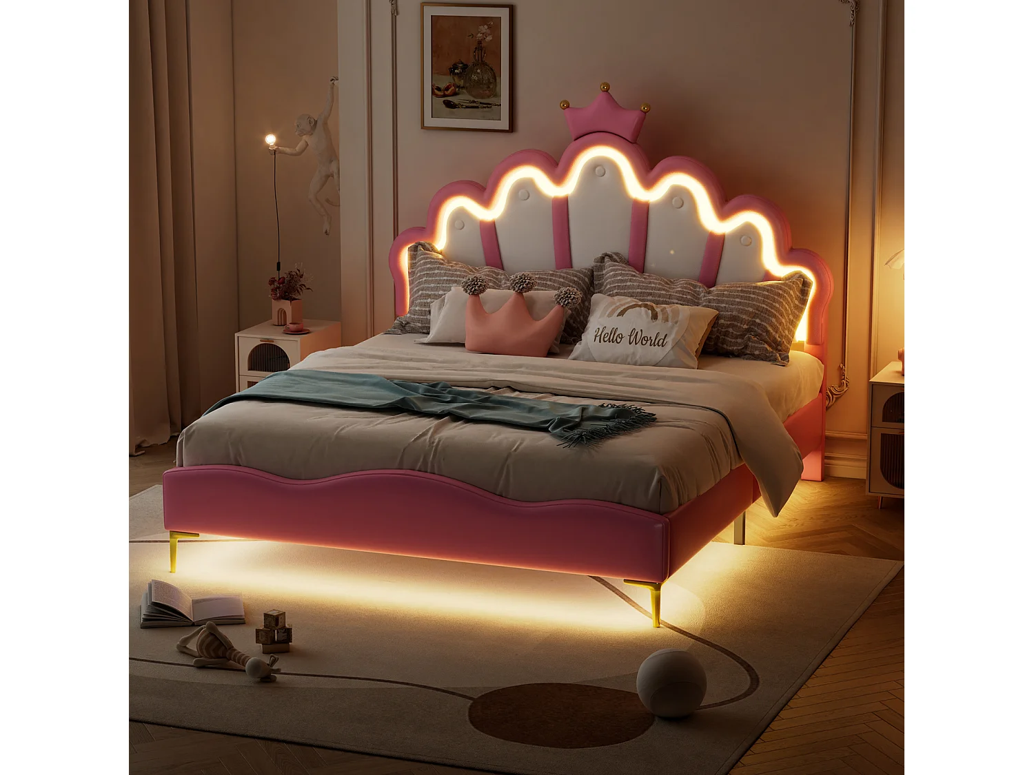 Lit Fille 140x200cm,Lit Enfant Princesse avec LED et Sommier à Lattes,Tête de Lit Réglable, pour Chambre de Fille,Cuir PU,Rose
