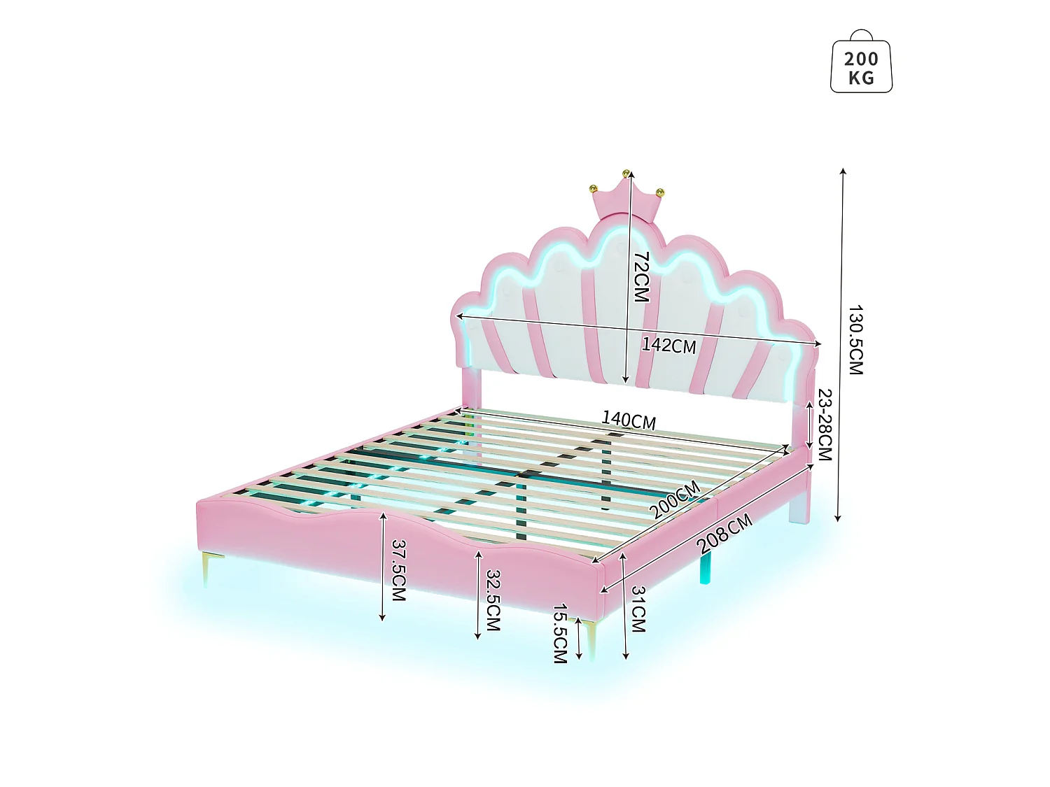 Lit Fille 140x200cm,Lit Enfant Princesse avec LED et Sommier à Lattes,Tête de Lit Réglable, pour Chambre de Fille,Cuir PU,Rose