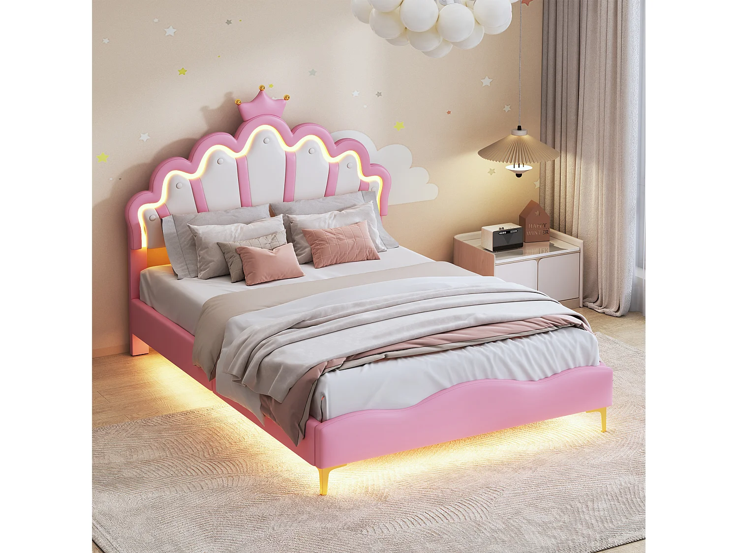 Lit Fille 140x200cm,Lit Enfant Princesse avec LED et Sommier à Lattes,Tête de Lit Réglable, pour Chambre de Fille,Cuir PU,Rose