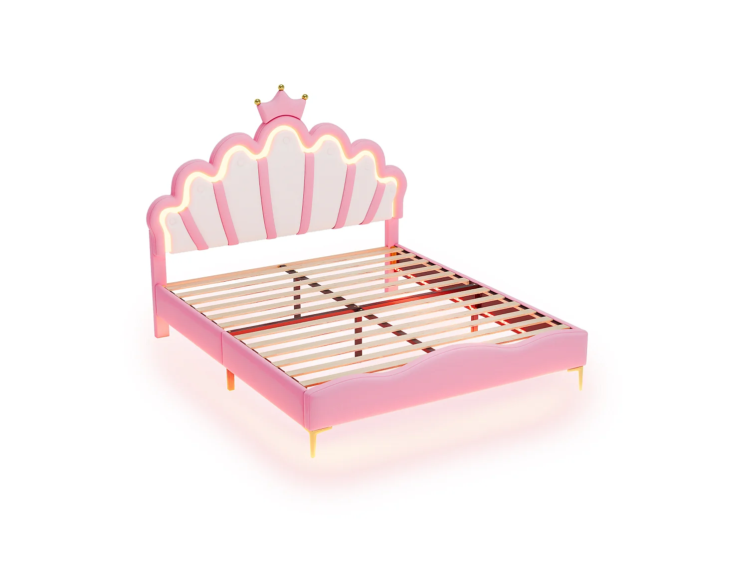 Lit Fille 140x200cm,Lit Enfant Princesse avec LED et Sommier à Lattes,Tête de Lit Réglable, pour Chambre de Fille,Cuir PU,Rose