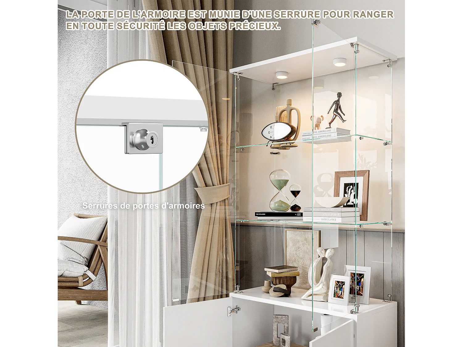 Vitrine salon,Vitrine en Verre avec LED et Serrure,2 Portes en Verre Trempé,Poignées Aluminium,Rangement Sécurisé,vitrine bois blanc