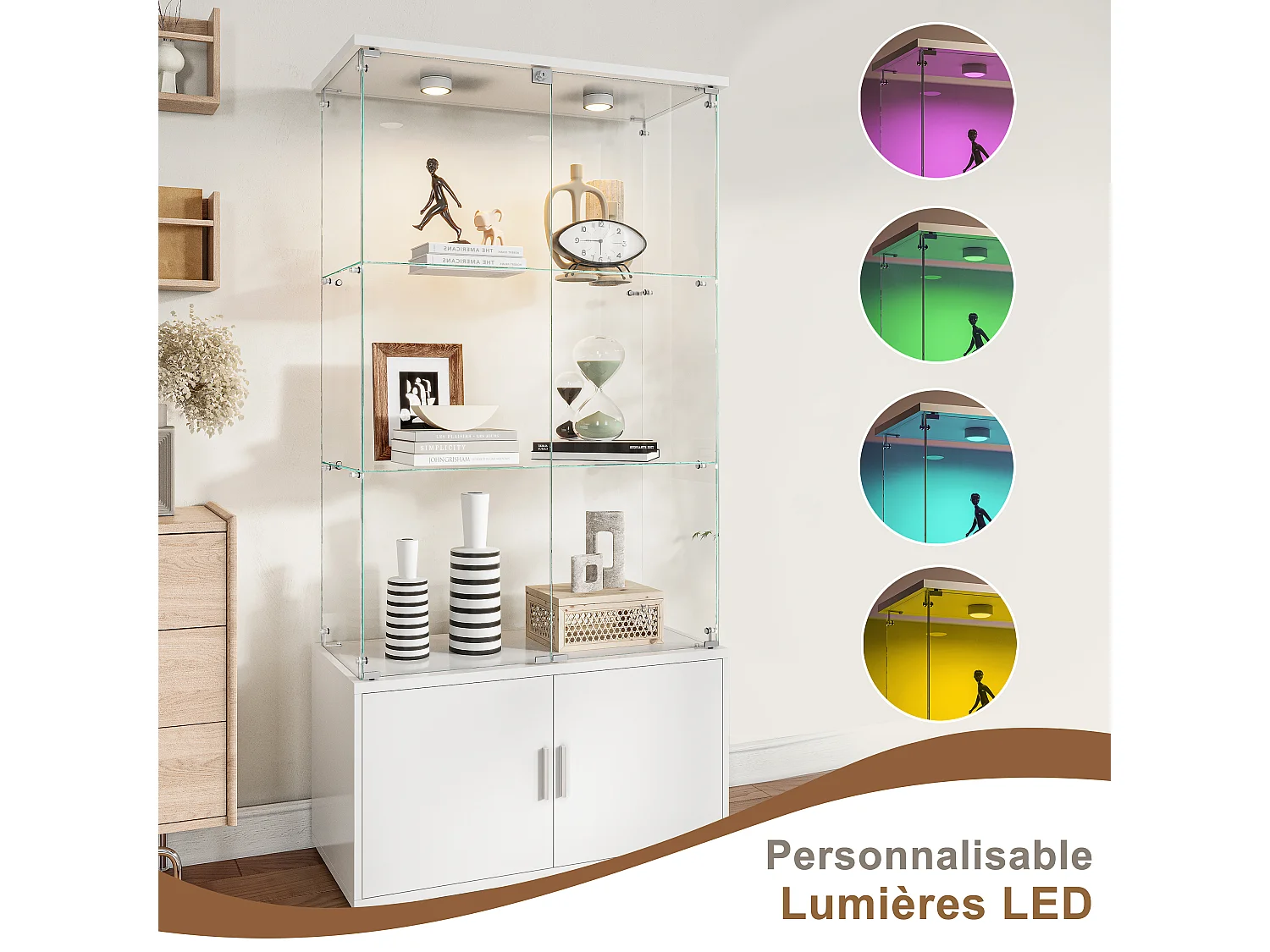 Vitrine salon,Vitrine en Verre avec LED et Serrure,2 Portes en Verre Trempé,Poignées Aluminium,Rangement Sécurisé,vitrine bois blanc