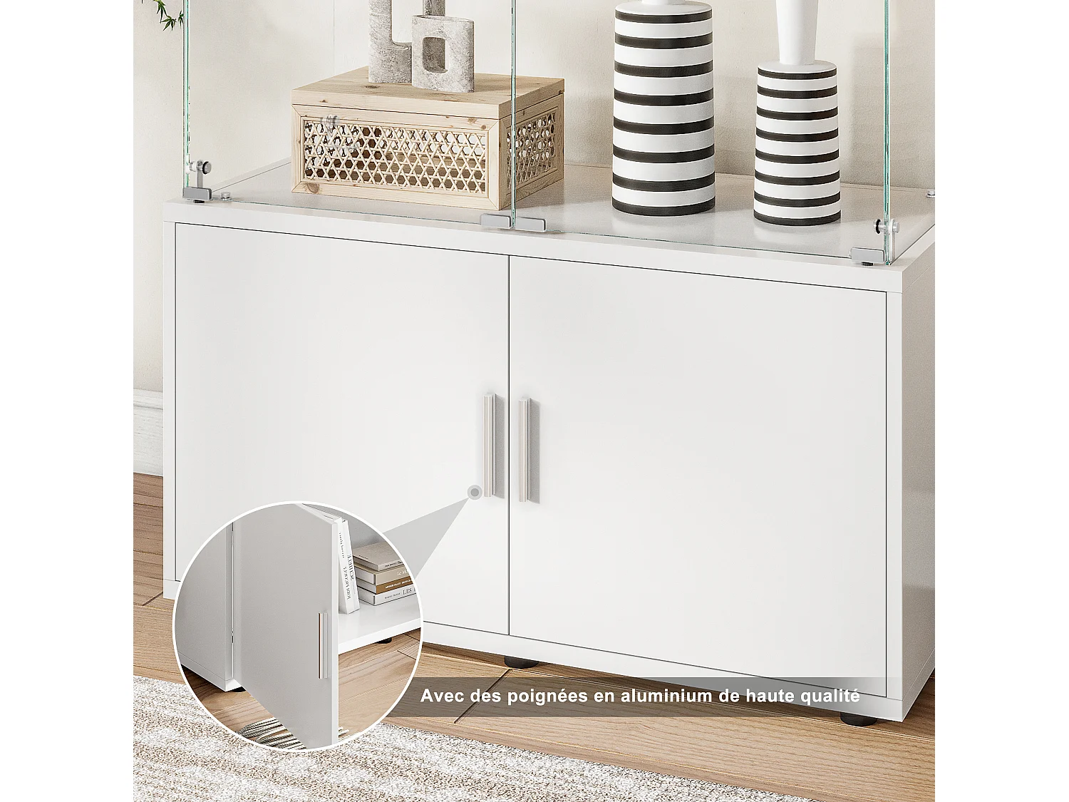 Vitrine salon,Vitrine en Verre avec LED et Serrure,2 Portes en Verre Trempé,Poignées Aluminium,Rangement Sécurisé,vitrine bois blanc